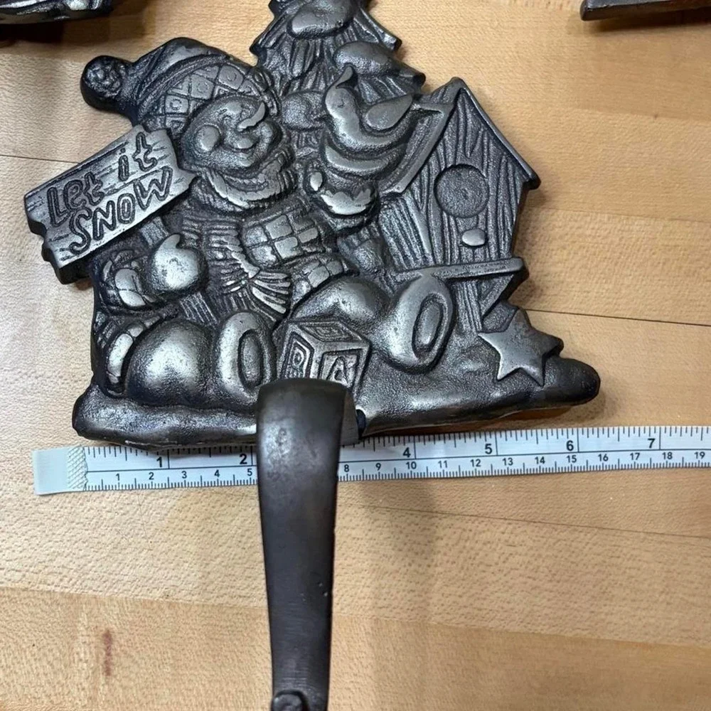Vintage Cast Iron Christmas Wall Hooks Santa Sleigh Snowman Rocking Horse 3pc